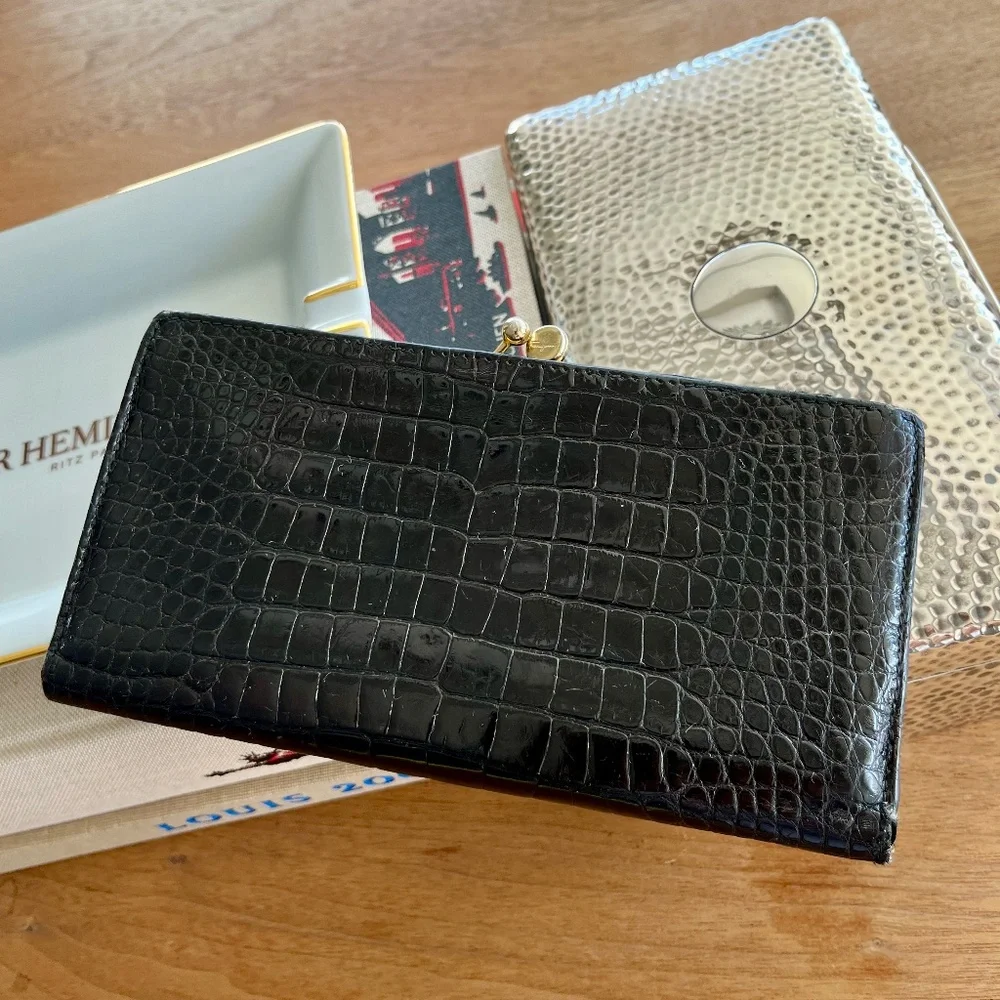 Salvatore Ferragamo Black Croc Embossed Leather Wallet with Gold Tone Hardware